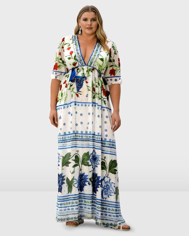 Floral Bird Print Georgette Drawstring Dress, Multi / White, hi-res image number 0