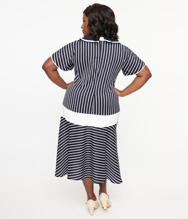 Unique Vintage 1920s Navy & White Striped Flapper Dress, Navy White Striped / Navy, alternate image number 1