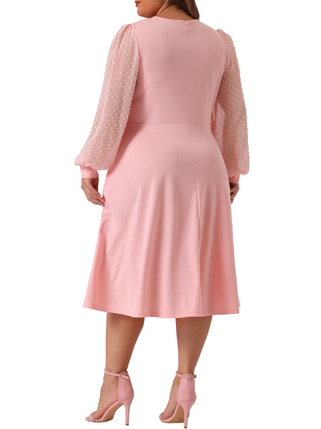 Long Sleeve Swiss Dots Formal Knee Length Dress, Pink / Pink, alternate image number null