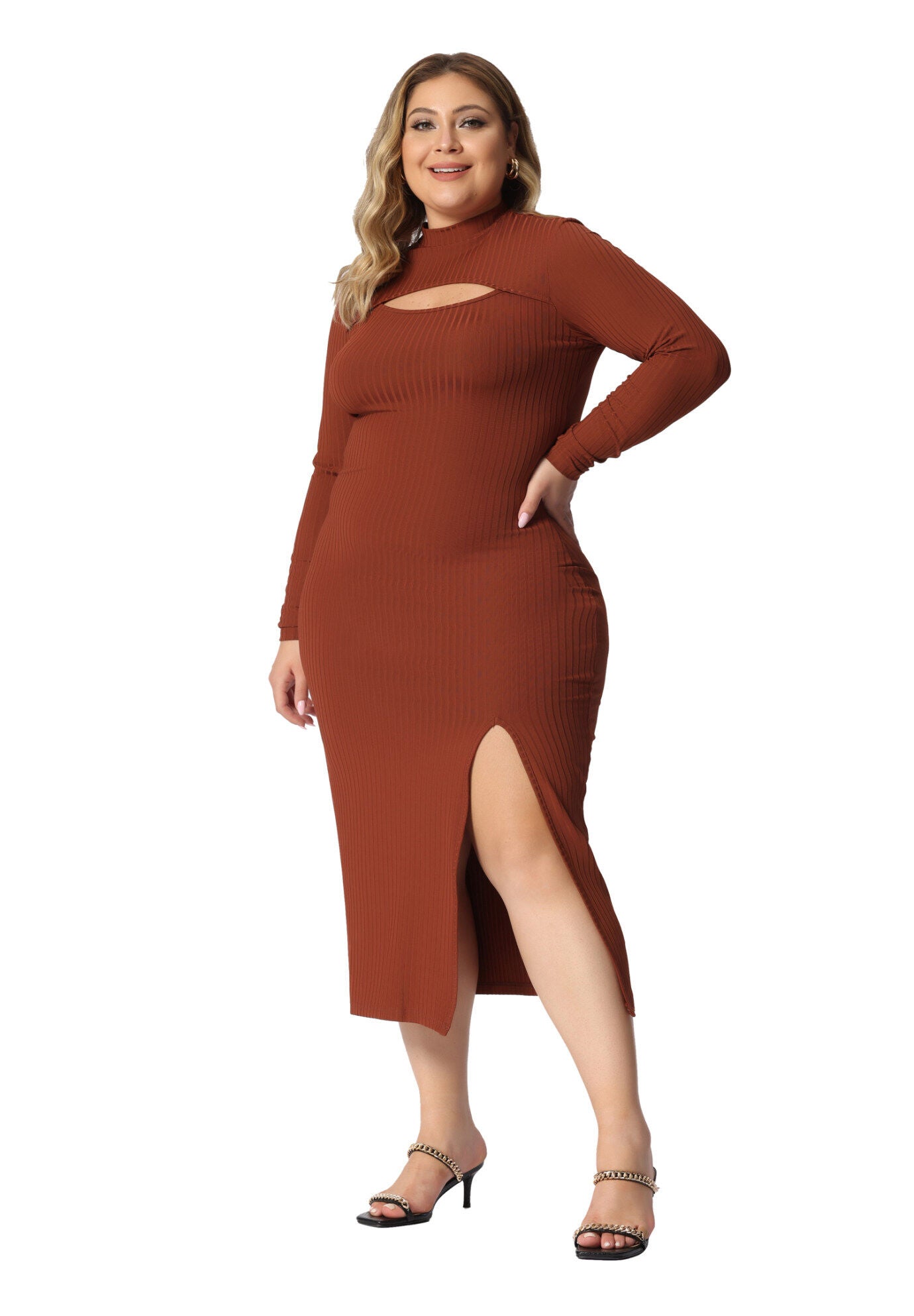 Round Neck Cut Out Front Knee Bodycon Dress, Caramel / Brown, hi-res image number 0