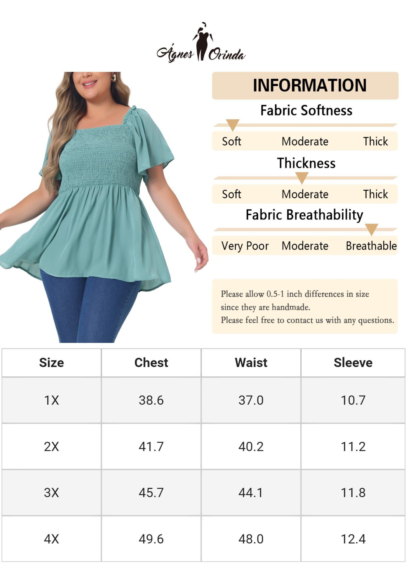 Square Neck Short Sleeve Ruffle Hem Loose Fit Blouse, Green / Mint, alternate image number 4