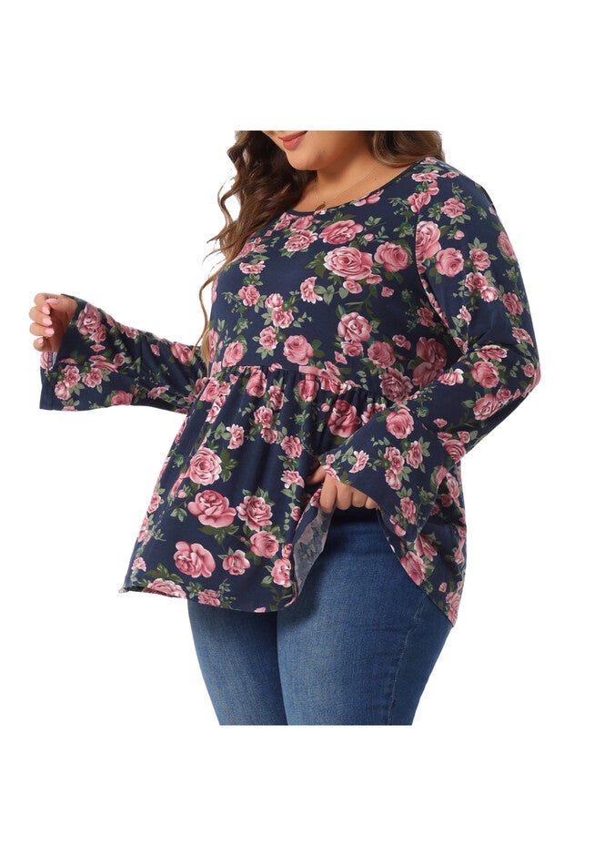 Floral Bell Long Sleeve Crew Neck Shirt Peplum Babydoll Top, Navy Blue / Navy, alternate image number null