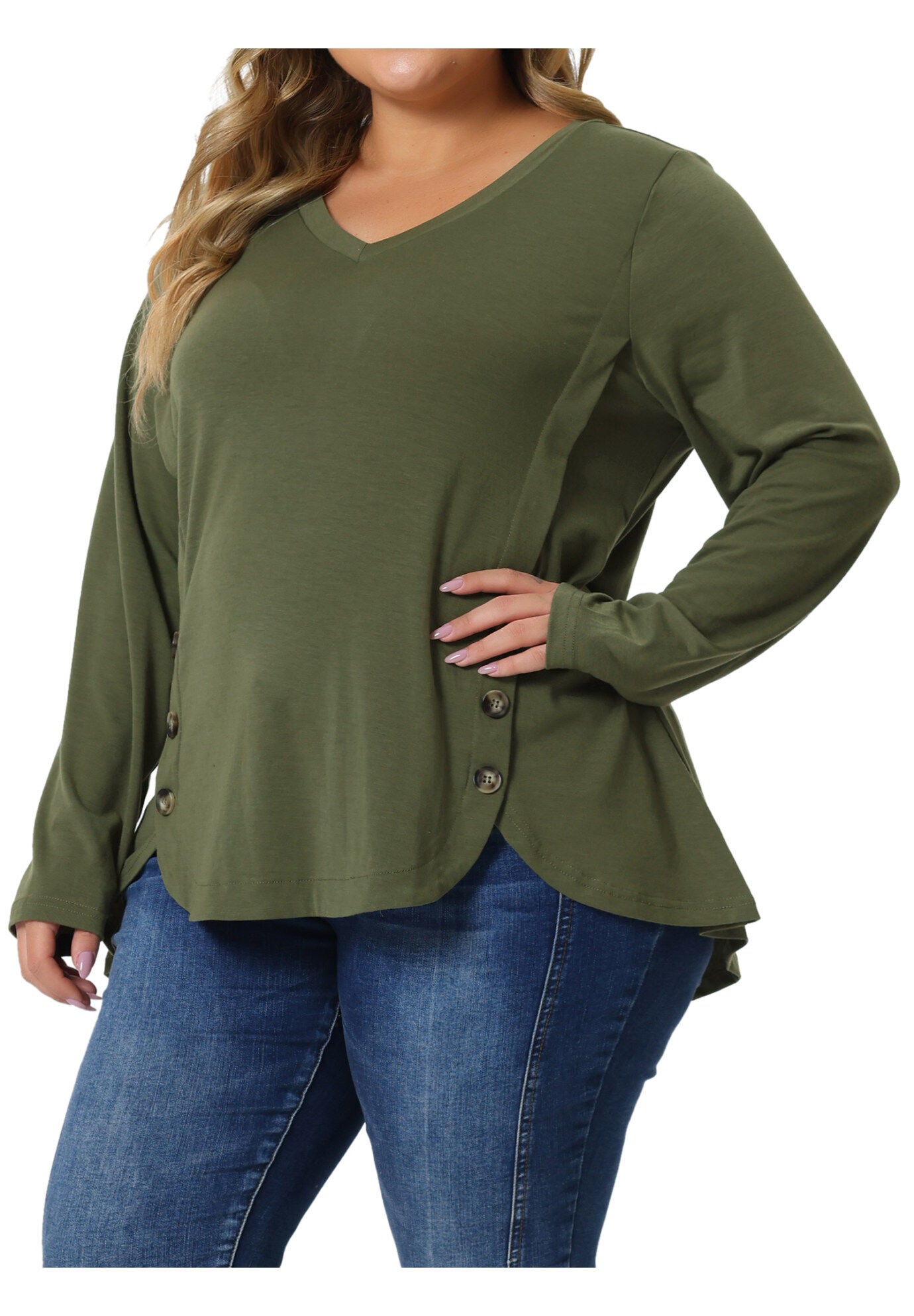 LONG SLEEVE TUNIC TOP V NECK LOOSE T SHIRT, ArmyGreen / Olive Green, alternate image number 1