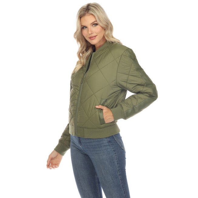 Women's Lightweight Diamond Quilted Puffer Bomber Jacket, Olive / Olive Green, alternate image number null