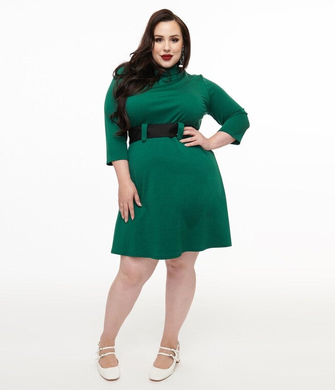 Smak Parlour Plus Size 1960s Emerald & Black Belted A-Line Dress, Emerald Black / Sage Green, hi-res image number 0