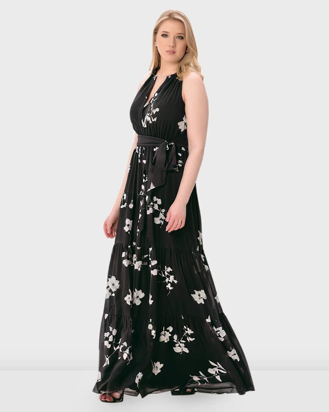 Floral print georgette ruched tier dress, Black / Black, alternate image number 1