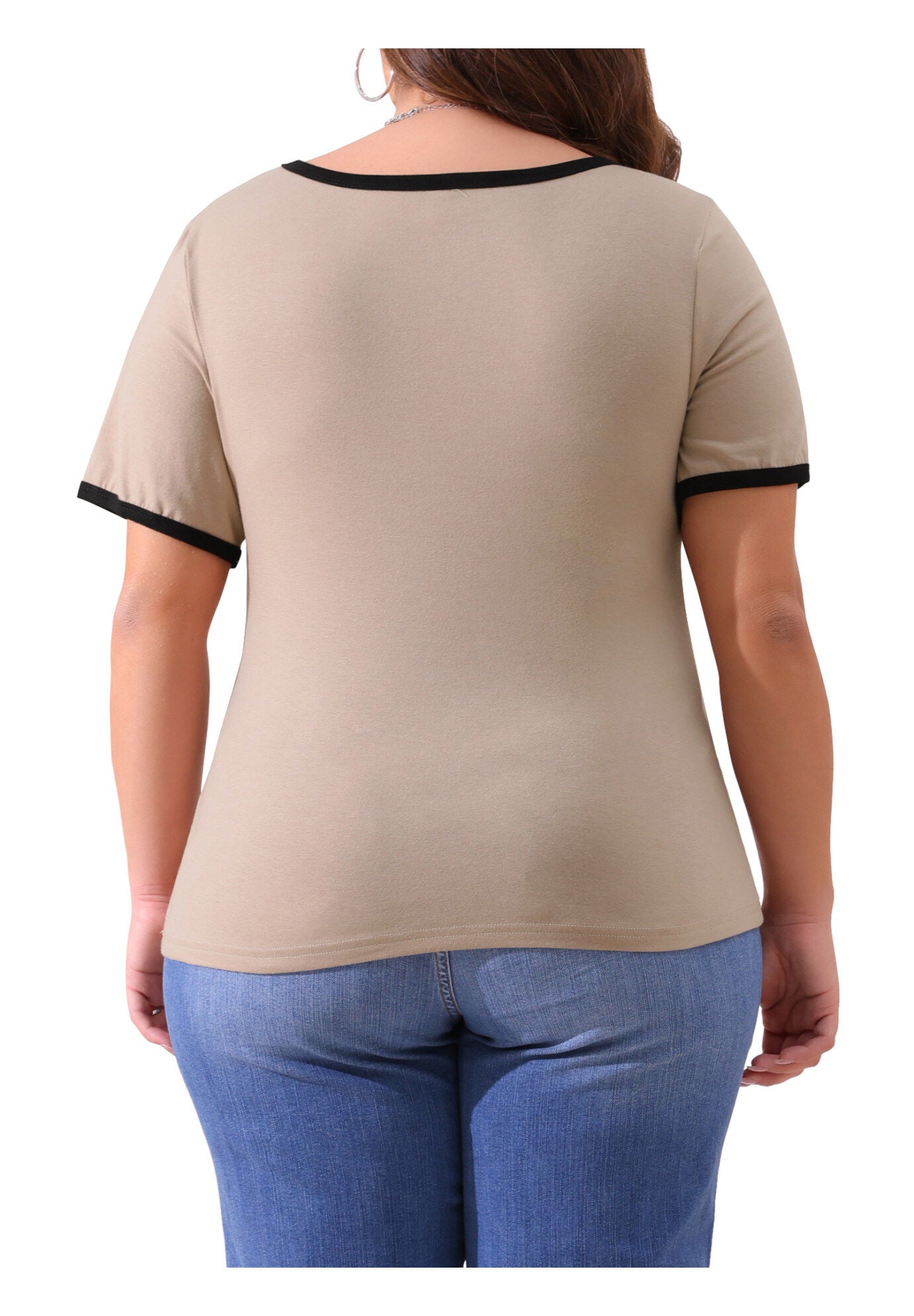 Square Neck Short Sleeve T-Shirt Ribbed Knit Color Block Slim Top, Light Camel / Beige, alternate image number 3