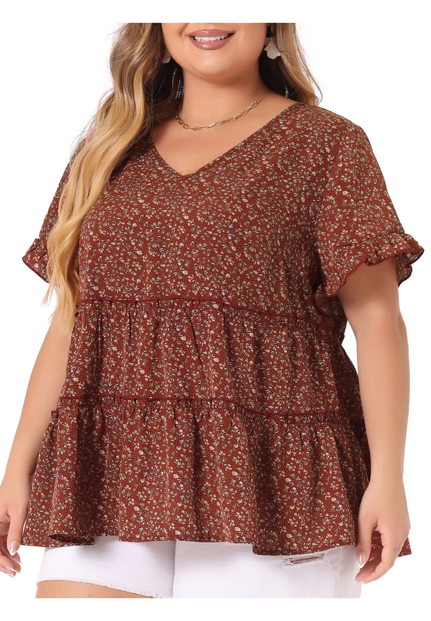 Floral Print V Neck Ruffles Sleeve Tiered Babydoll Blouse, Red / Red, alternate image number 1