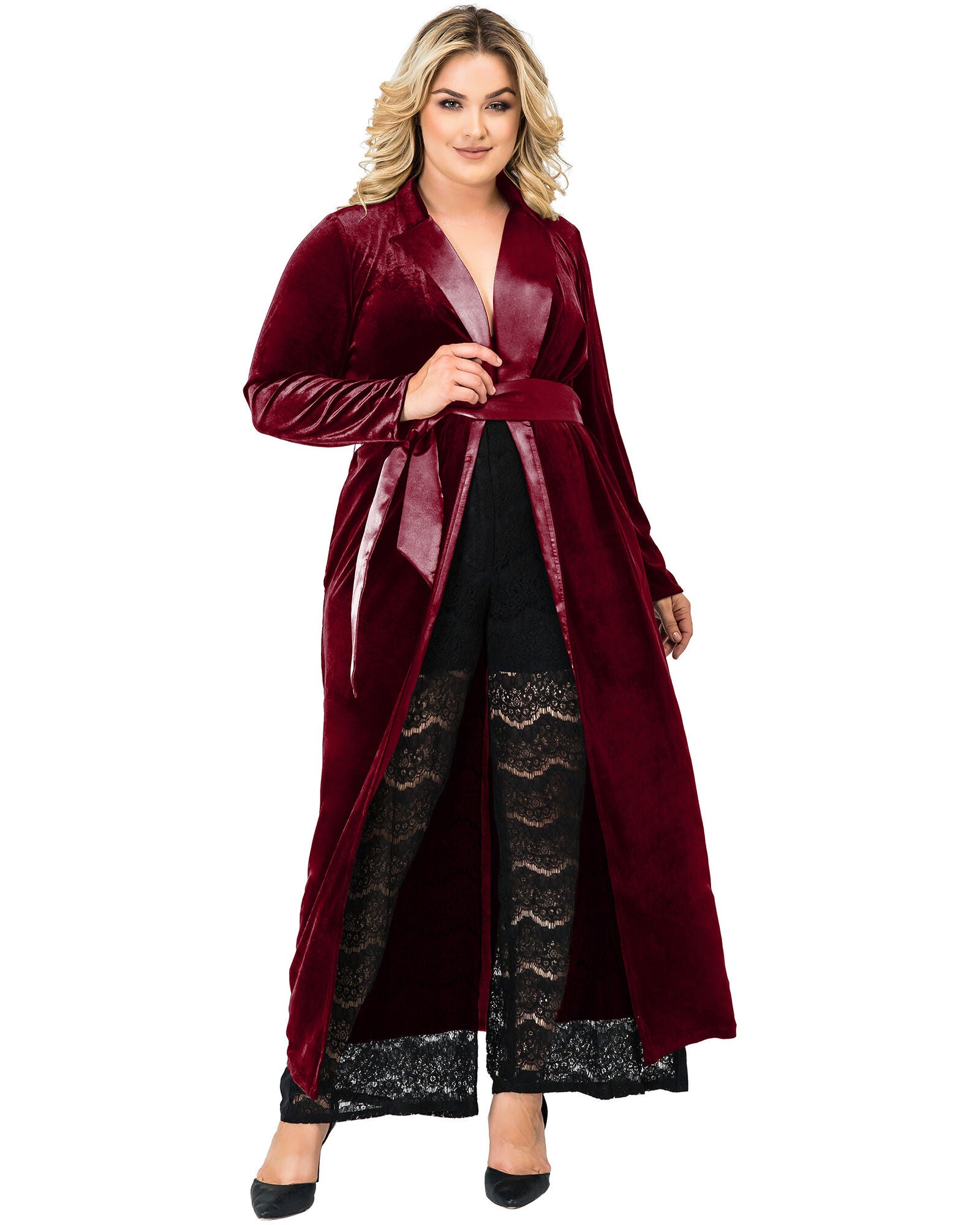 Plus Size Freya Stretch Velvet Wrap Midi Coat Dress With Satin Lapel And Satin Belt, DEEPRED / New Wine, hi-res image number 0