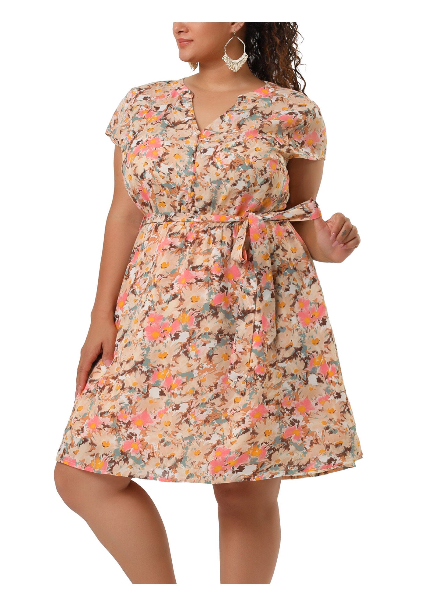 V Neck Belted Summer Floral Dress, Pink / Pink, alternate image number 1