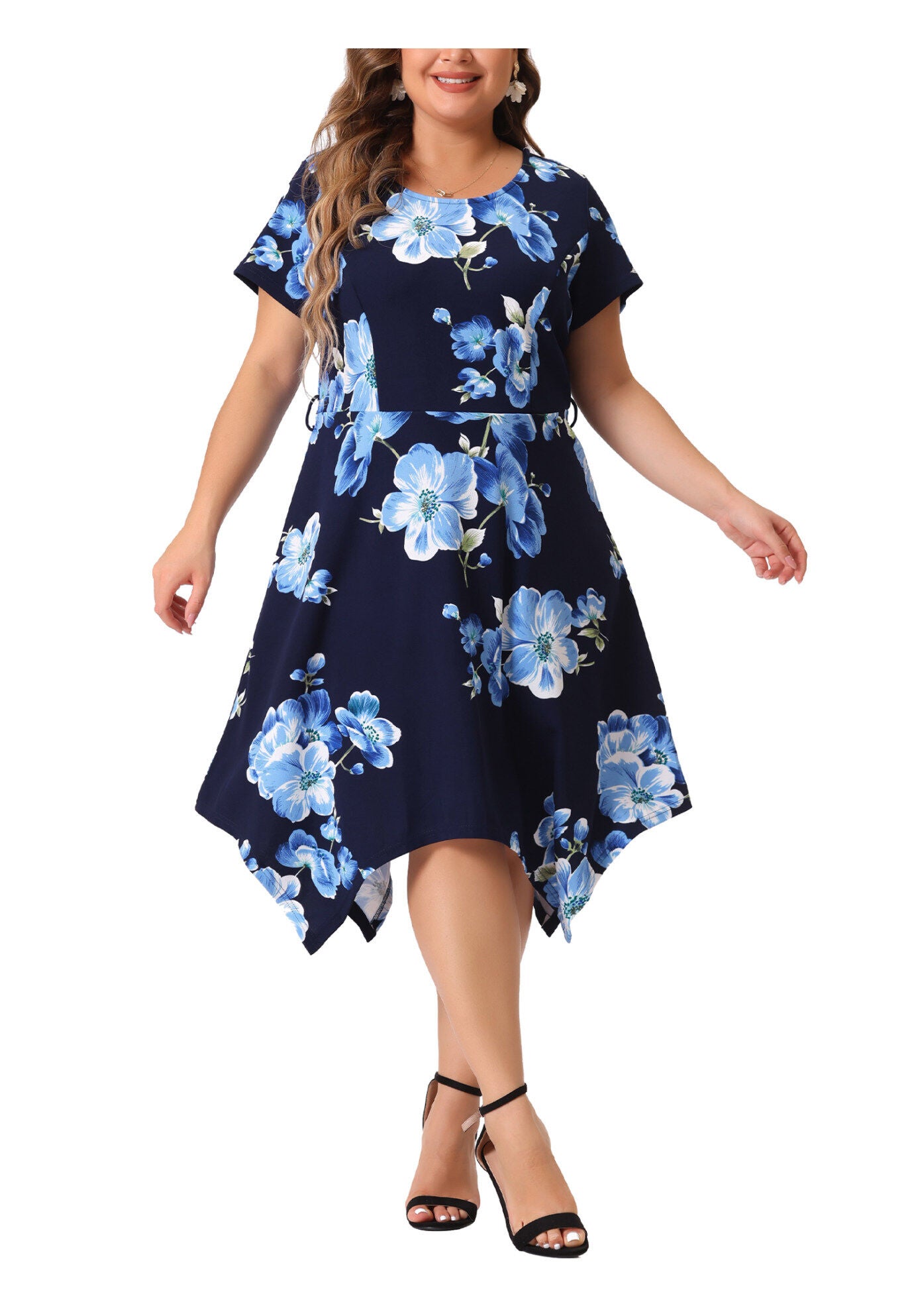 Printed Retro High Low Short Sleeves Dress, Blue White / Navy, alternate image number 2