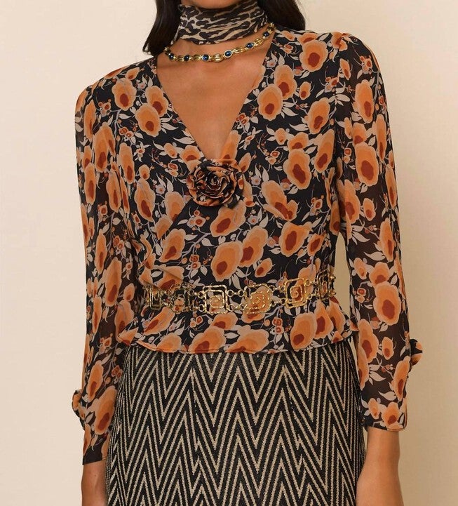 WILLOW V-NECK RUFFLED MIX BLOUSE TOP IN SIENNA STARLET FLORAL, , alternate image number null