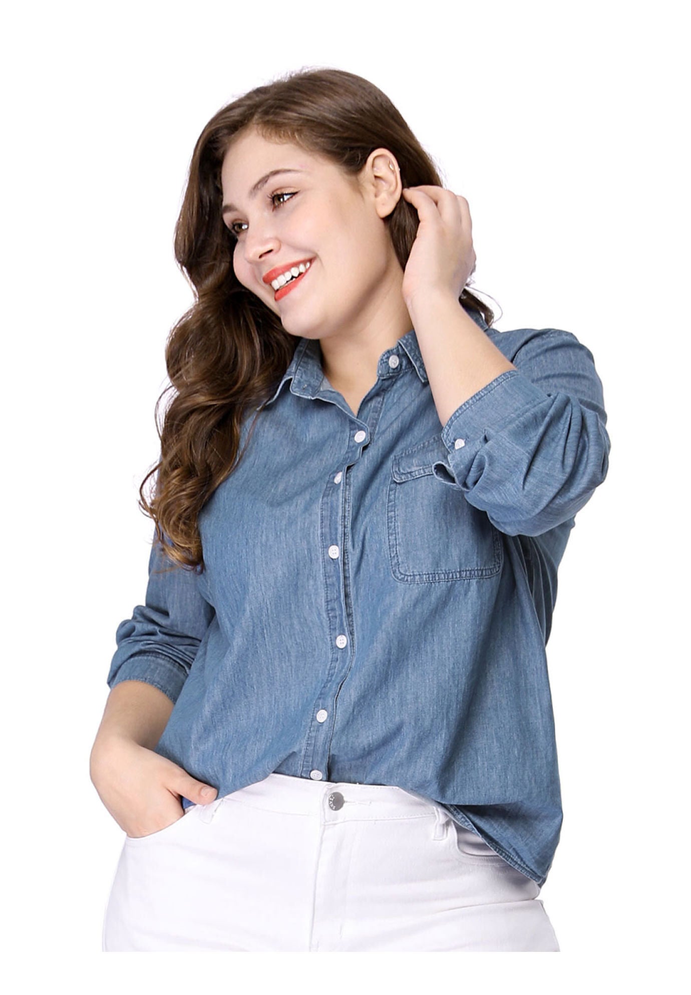 Button Down Long Sleeve Chest Pocket Chambray Shirt, Blue / Chambray Denim Medium, alternate image number 1