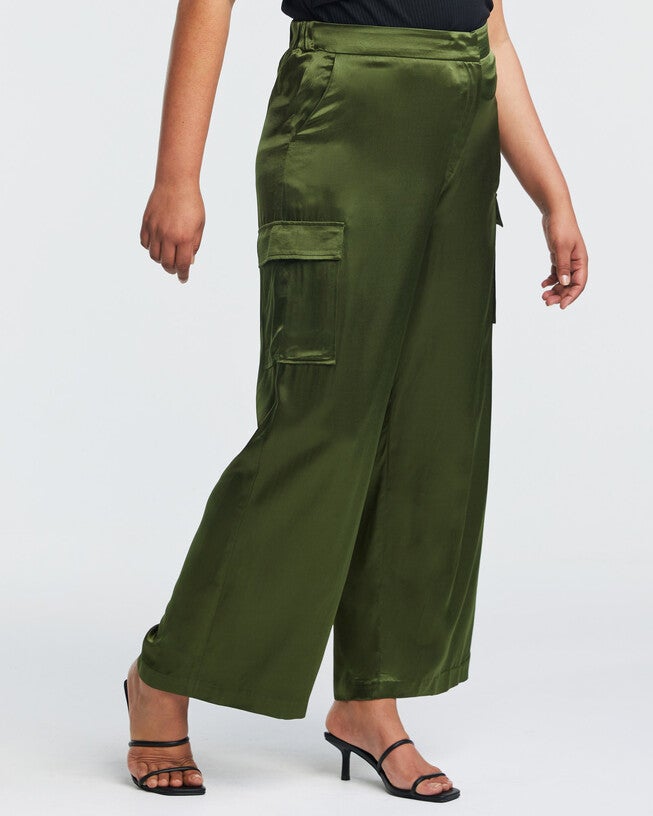 Tess Olive Satin Cargo Pant, Olive / Olive Green, alternate image number 2