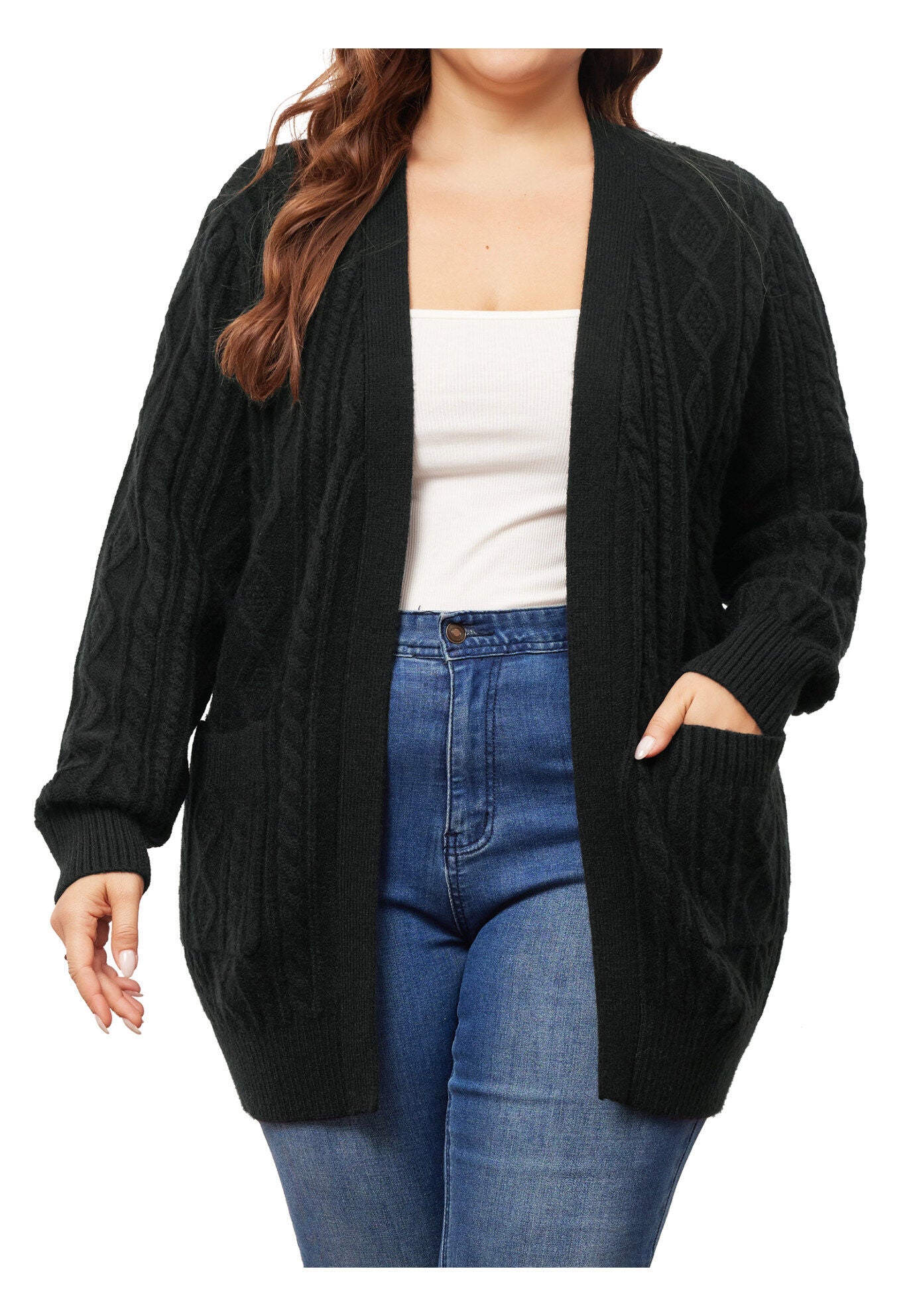 OPEN FRONT LIGHTWEIGHT SWEATER CARDIGAN WITH POCKETS, Black / Black, alternate image number 2