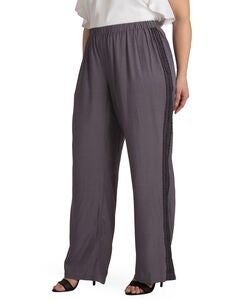 Plus Size Solid Wide Leg Rayon Twill Palazzo Pants With Lace Tuxedo Stripe