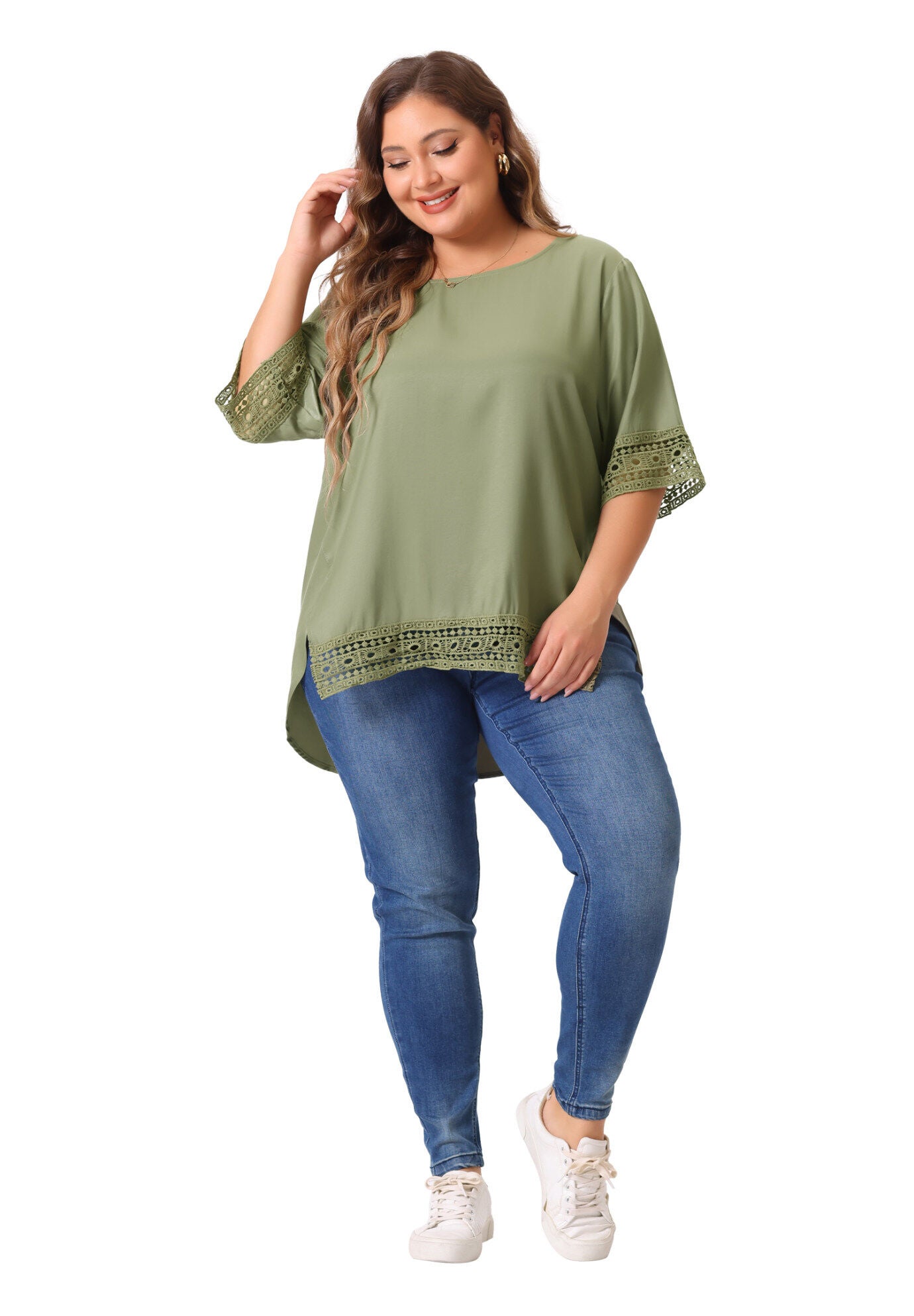Crewneck Lace Crochet Short Sleeve Casual Loose Top, Army Green / Olive Green, hi-res image number 0