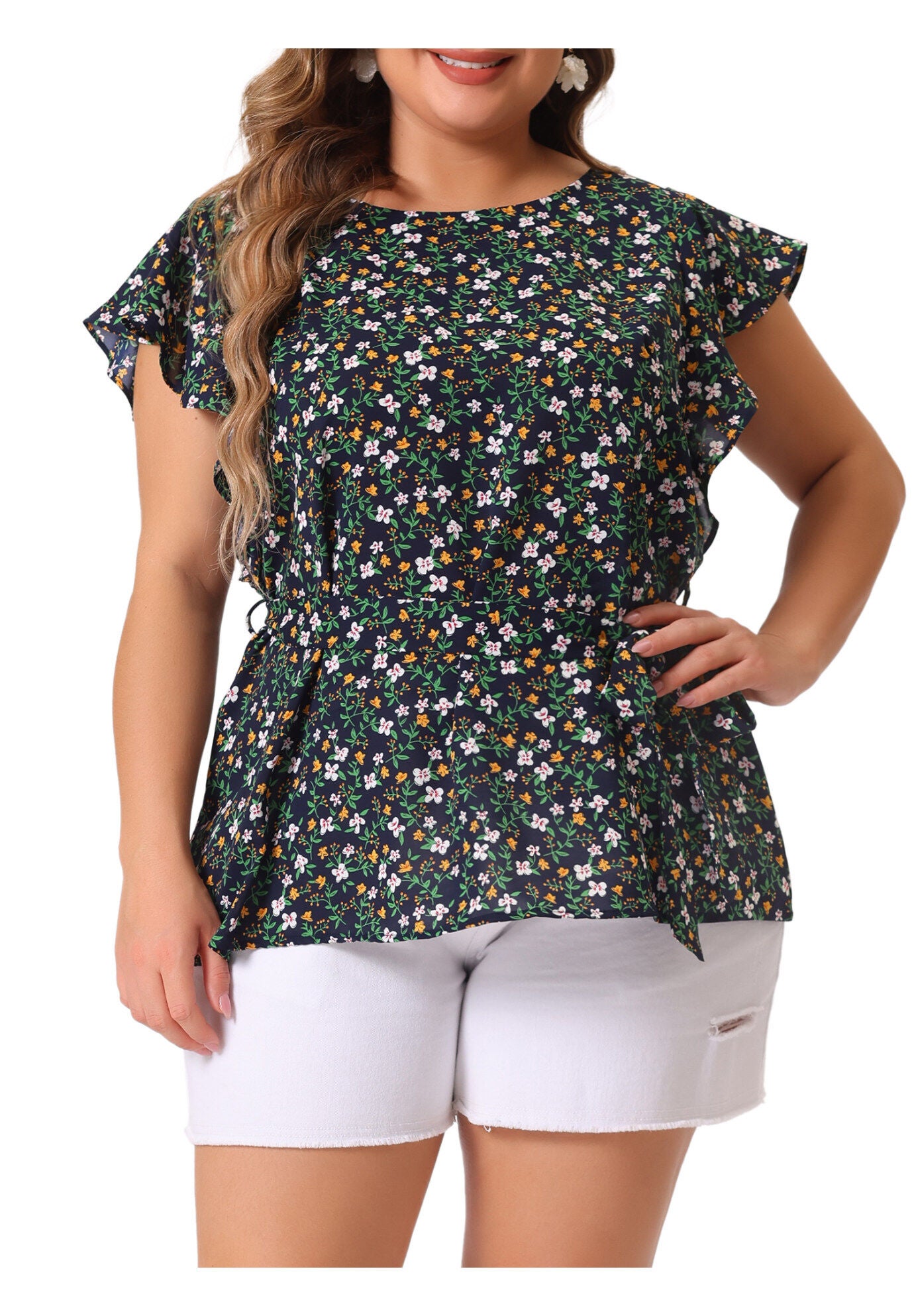 Summer Top Floral Tie Waist Short Sleeves Casual Blouse, Black / Black, alternate image number 2