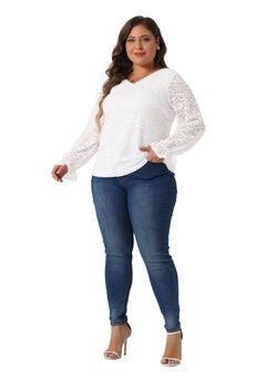 Lace V Neck Long Sleeve Through Blouse Tunic Top