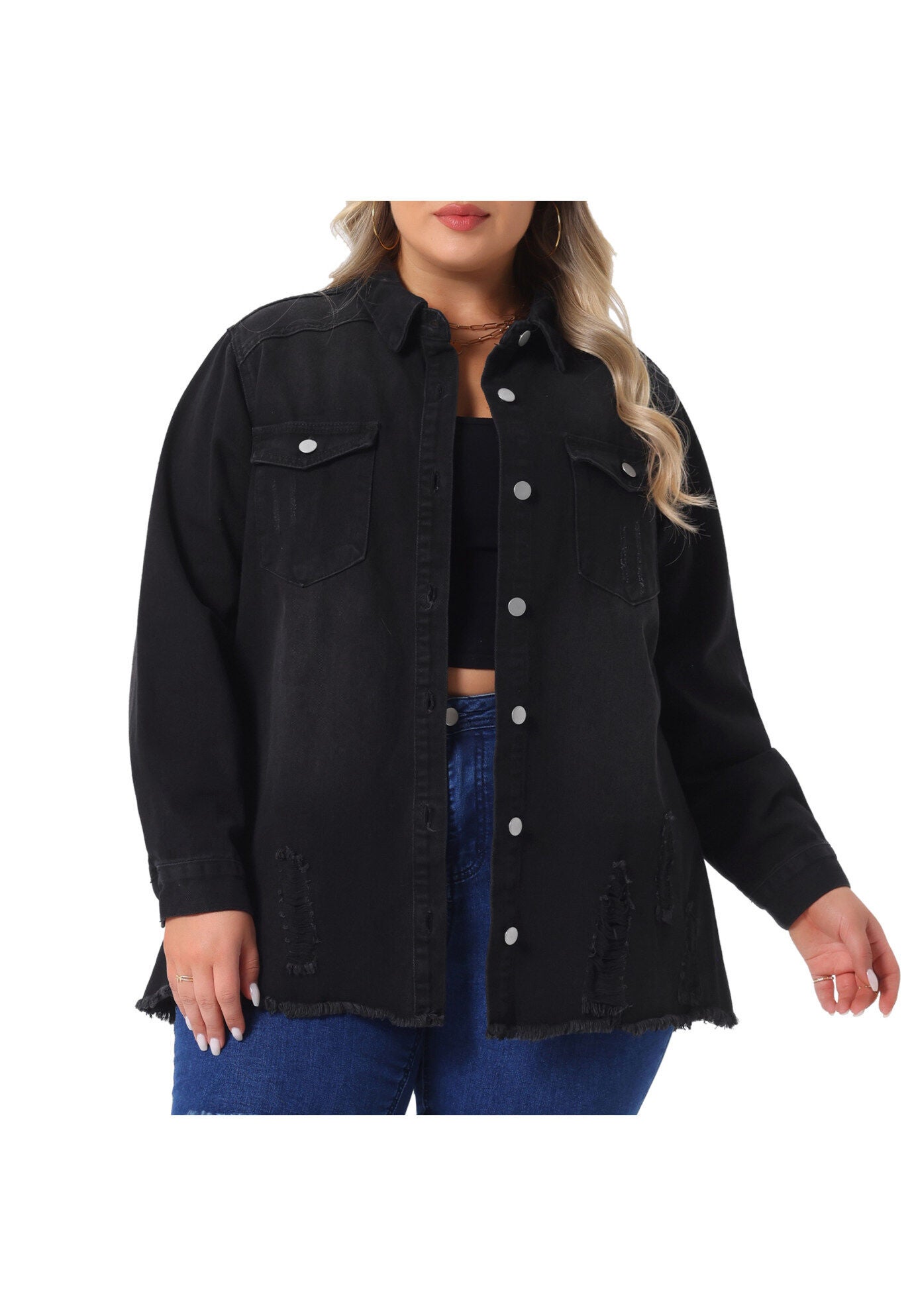 Long Sleeve Denim Jackets Boyfriend Shirt Jean Jacket, Black / Black, alternate image number 2