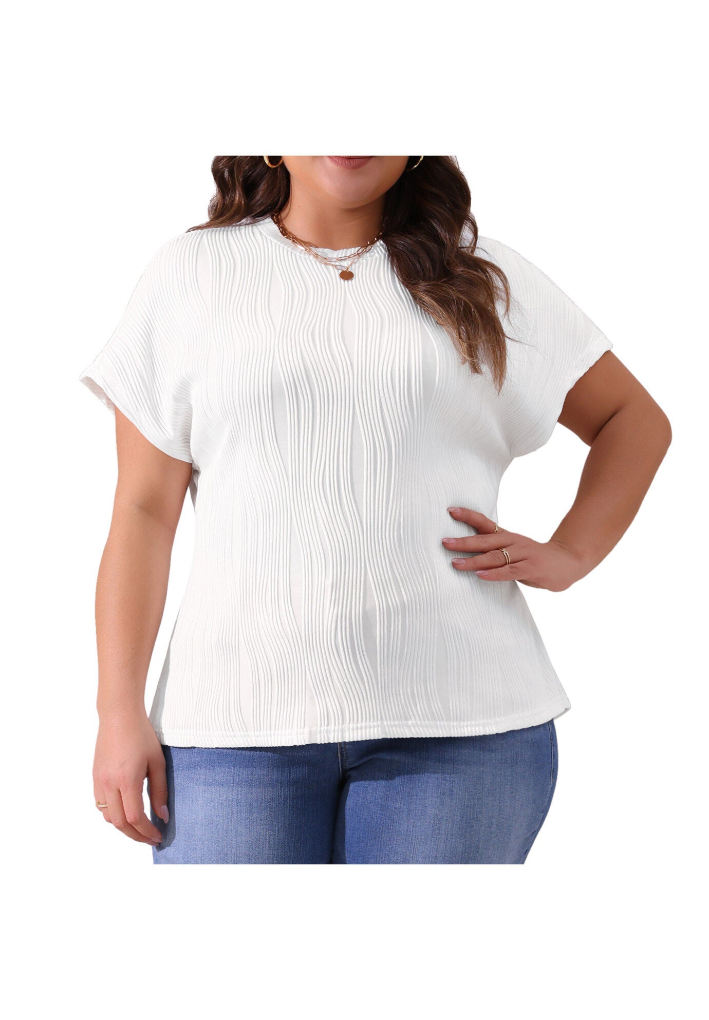 Short Sleeve Textured Top Crewneck T-Shirt, White / White, alternate image number 2