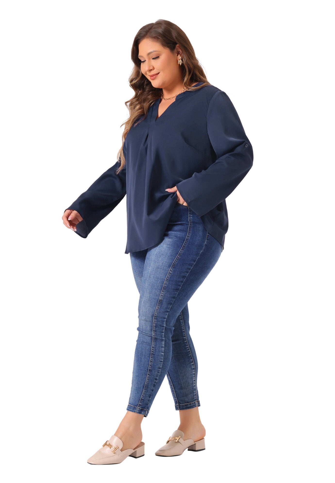 V Neck Rolled Up Sleeves Pleated Back Shirt Chiffon Top, Navy Blue / Navy, hi-res image number 0