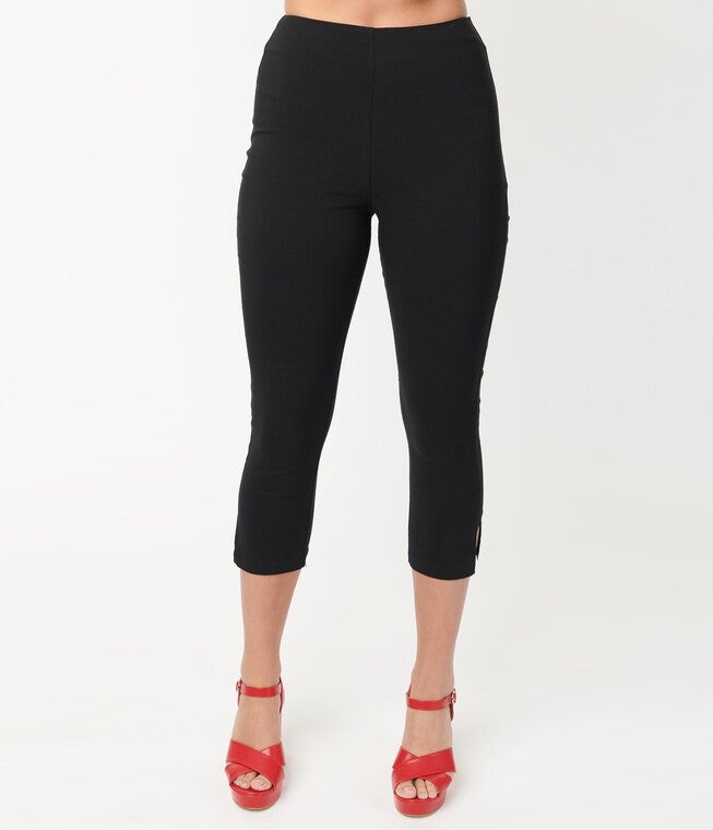 Unique Vintage 1950s Black High Waist Rachelle Capri Pants, Black / Black, alternate image number 1