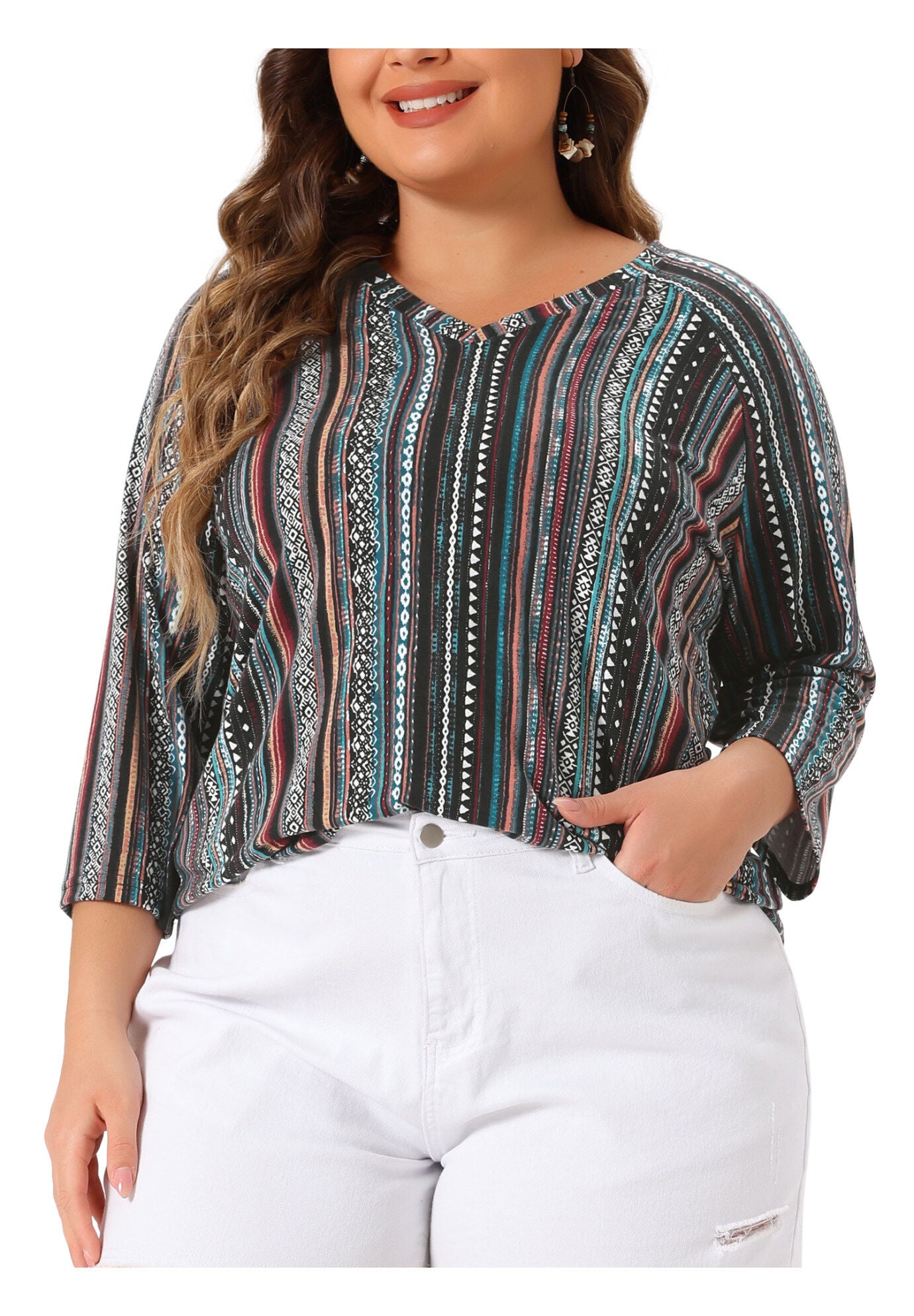 3/4 Sleeve Knit Blouse Tee Stripe Boho Top, Green / Quetzal Green, alternate image number 1