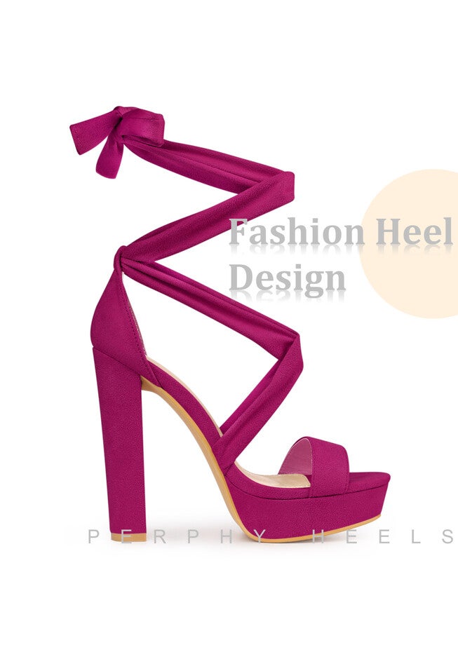 Platform Lace Up Chunky High Heels Sandals, Hot Pink / Deep Fuchsia, alternate image number 3