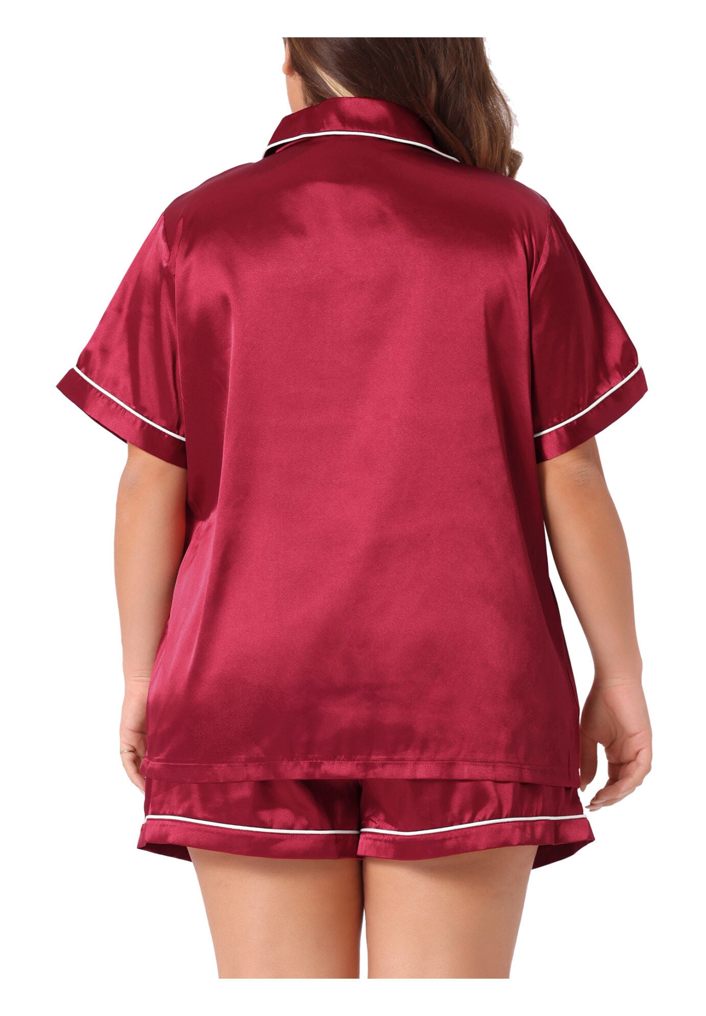 Satin Button Down Top Shorts Lounge Sets with Pocket, Burgundy / Burgundy, alternate image number 3
