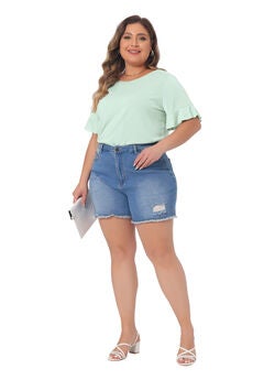 PLAIN CREW NECK RUFFLE SHORT SLEEVE TEE TOP