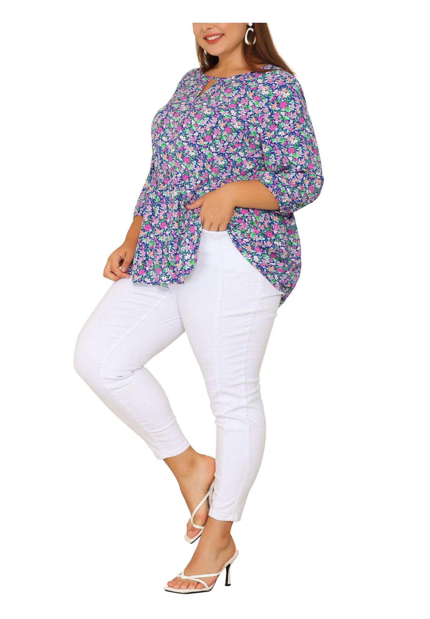 3/4 Sleeves Babydoll Chiffon Keyhole Floral Flowy Top Blouse, Blue / Cornflower Blue, alternate image number 1