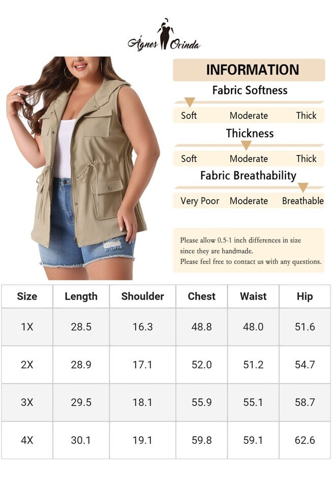DRAWSTRING LIGHTWEIGHT SLEEVELESS CARGO HOODED ANORAK UTILITY VEST, Khaki / Tan, alternate image number 4