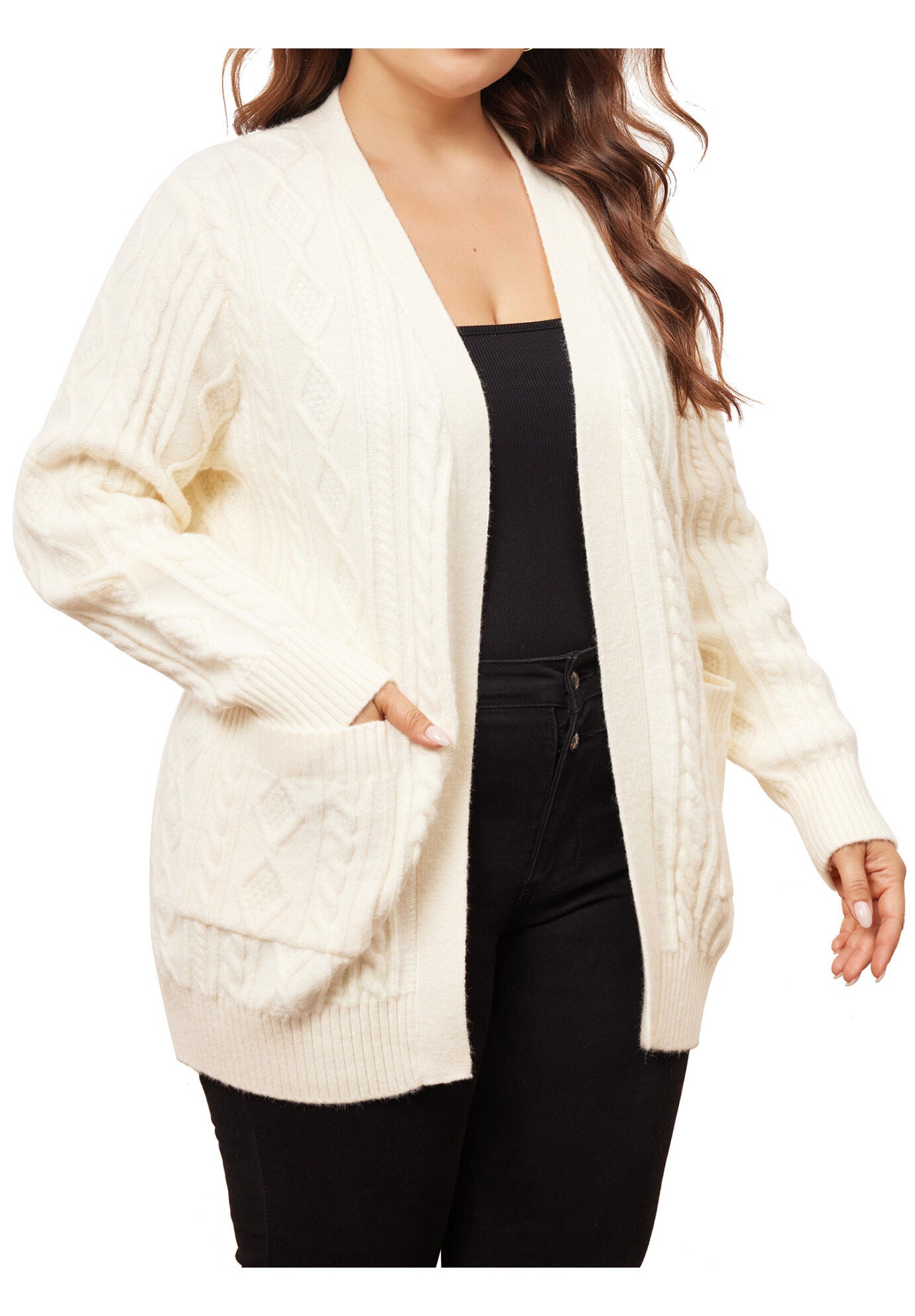 OPEN FRONT LIGHTWEIGHT SWEATER CARDIGAN WITH POCKETS, Apricot / Cream, alternate image number 2