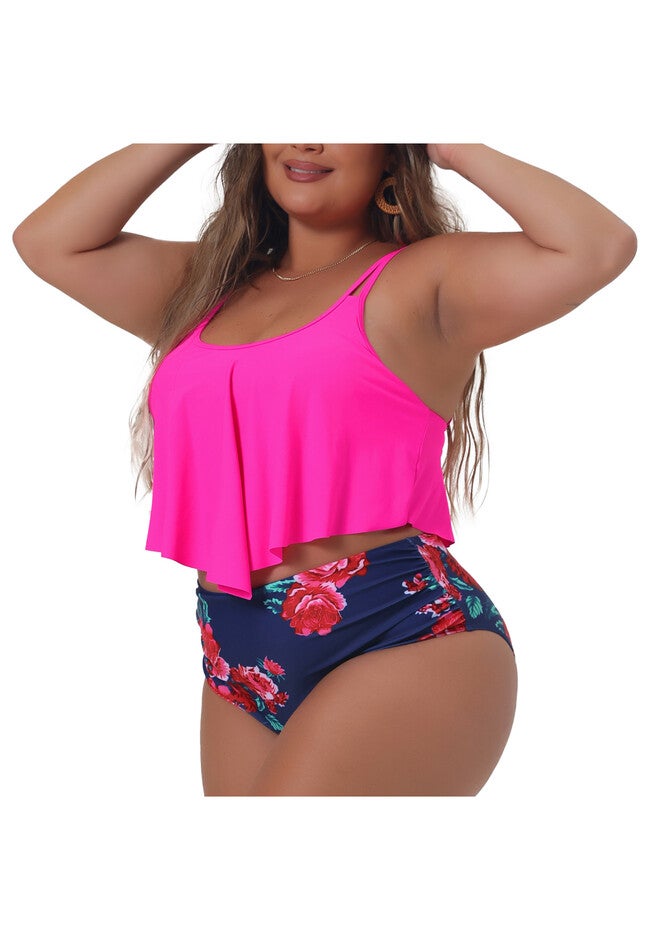 Bikini Swimsuit Floral Print High Waist Ruched 2 Piece Set, Hot Pink / Deep Fuchsia, alternate image number 1