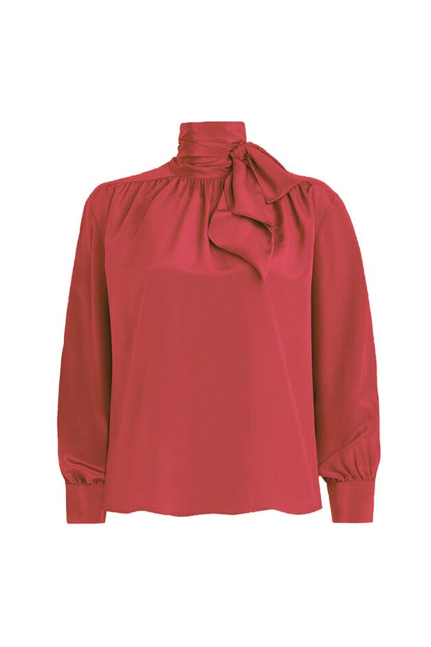 Silk Tie Neck Blouse in Coral, Coral / Coral, hi-res image number null
