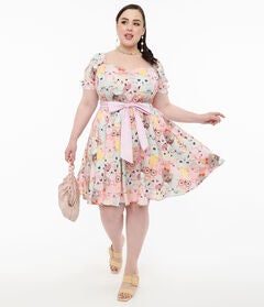 Unique Vintage 1950s Pink & Multicolor Cat Print Dakota Flare Dress