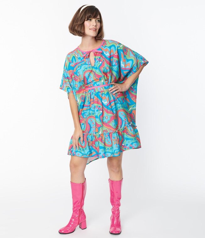 Smak Parlor Psychedelic Daisy River Print Mini Caftan, Blue Green Floral / Azure Blue, hi-res image number 0
