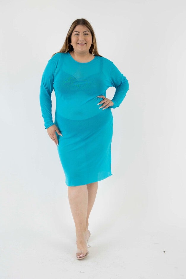 The Ghost Mesh Xray Dress with a Jewel Neckline, Turq Blue / Turquoise, alternate image number 1
