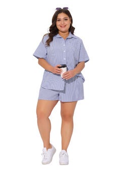 2 Piece Set Striped Collared Button Down Cotton Shirt Top and Shorts