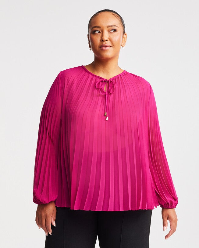 Larissa Pink Pleated Balloon-Sleeve Blouse, , alternate image number null