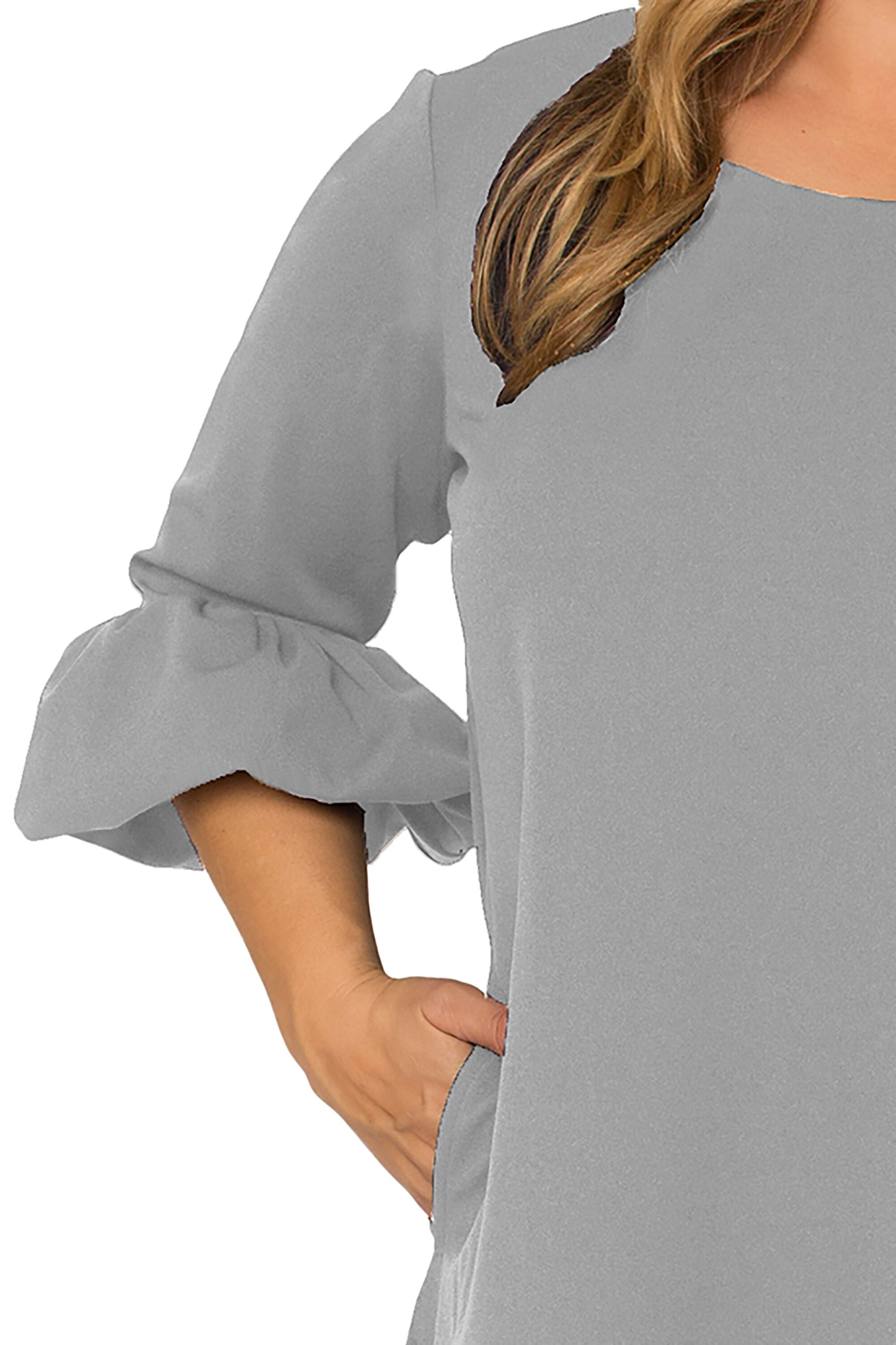 Plus Size Women&#39;s Crepe Knit 3/4 Balloon Sleeves Midi Shift Dress, Grey / Cool Gray, alternate image number 3