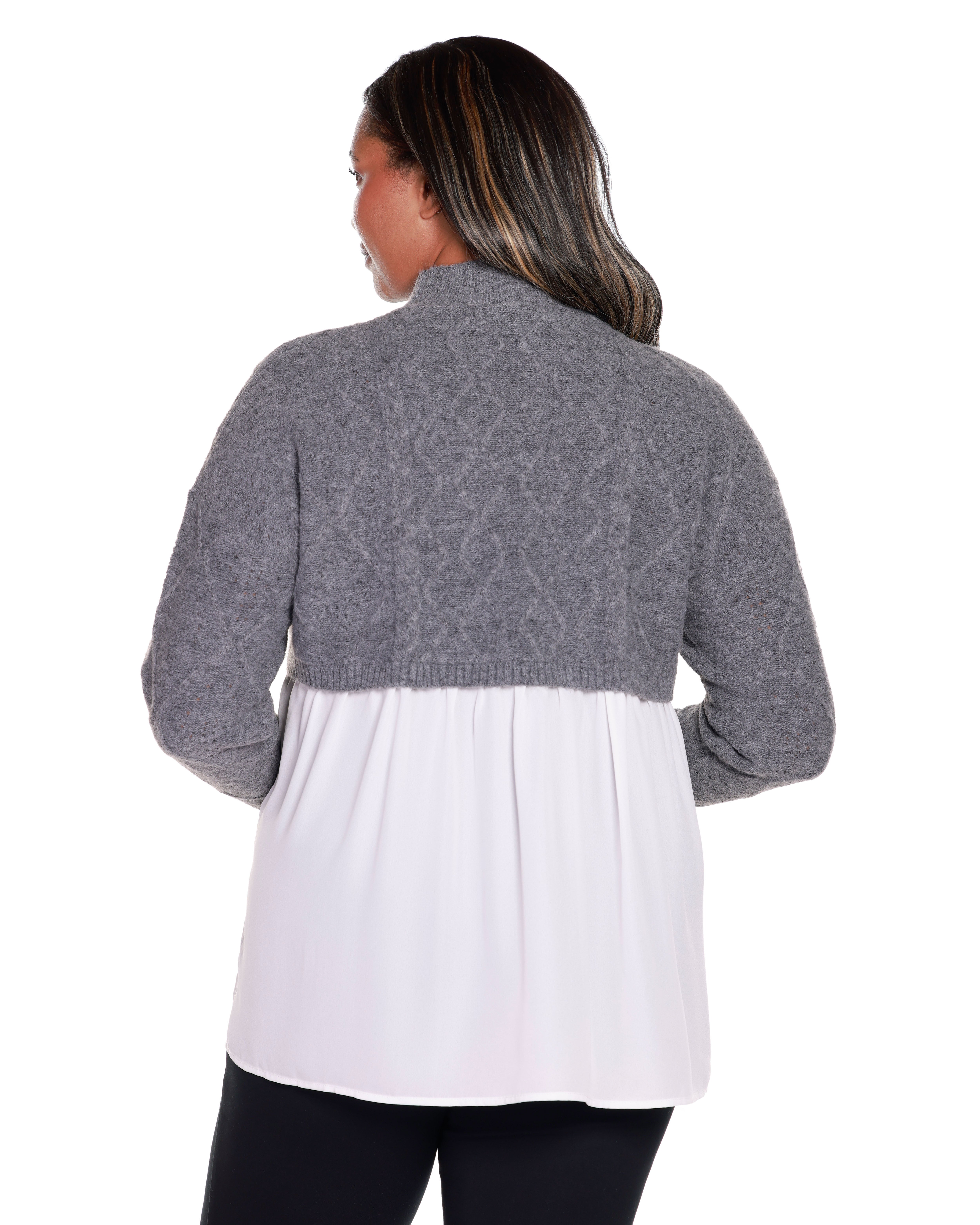 CHIFFON-BACK CABLE SWEATER, Heather GreyWhite / Warm Grey, alternate image number 1