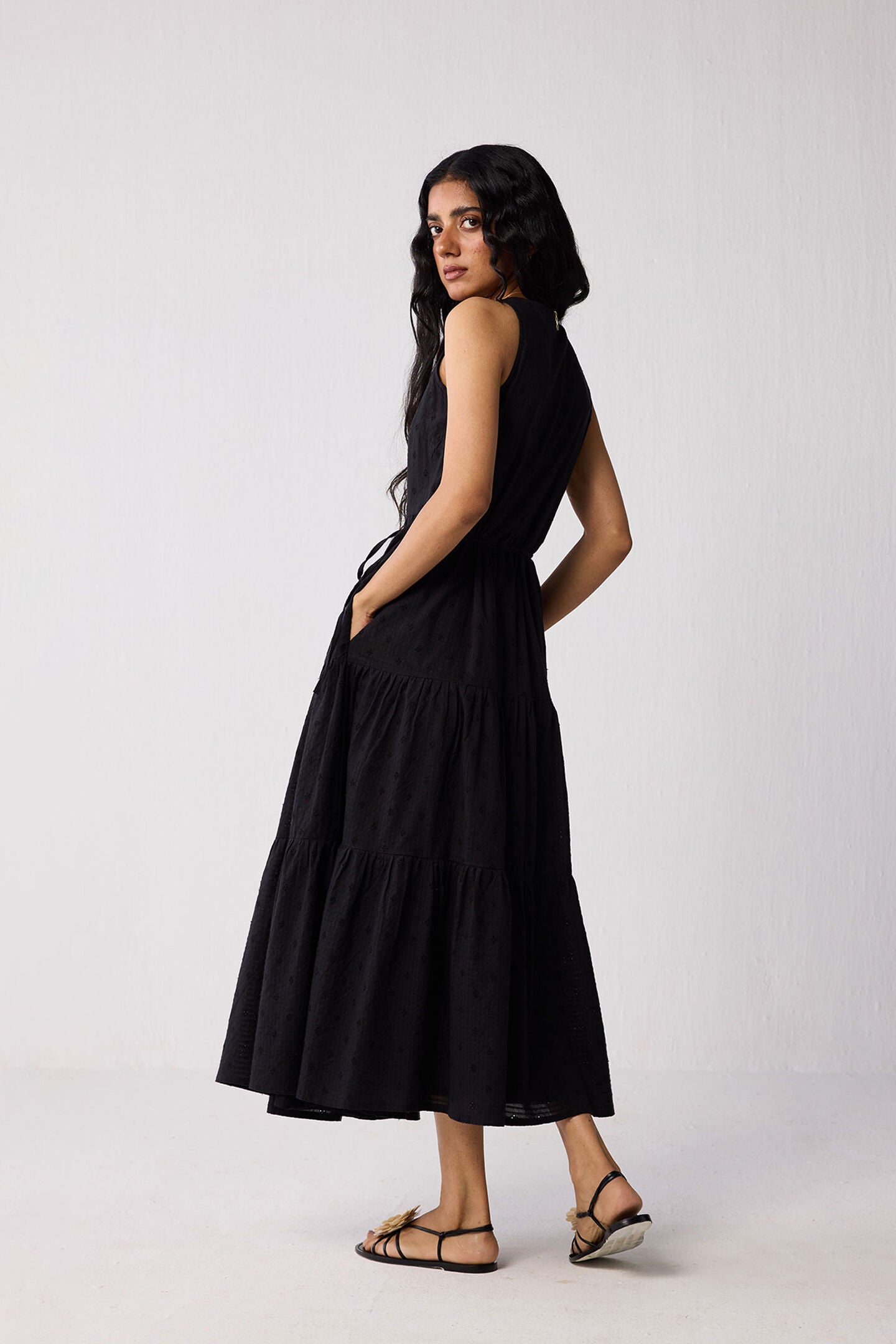 Sleeveless Embroidered Wrap Dress with Tiers in Black, Black / Black, alternate image number 1