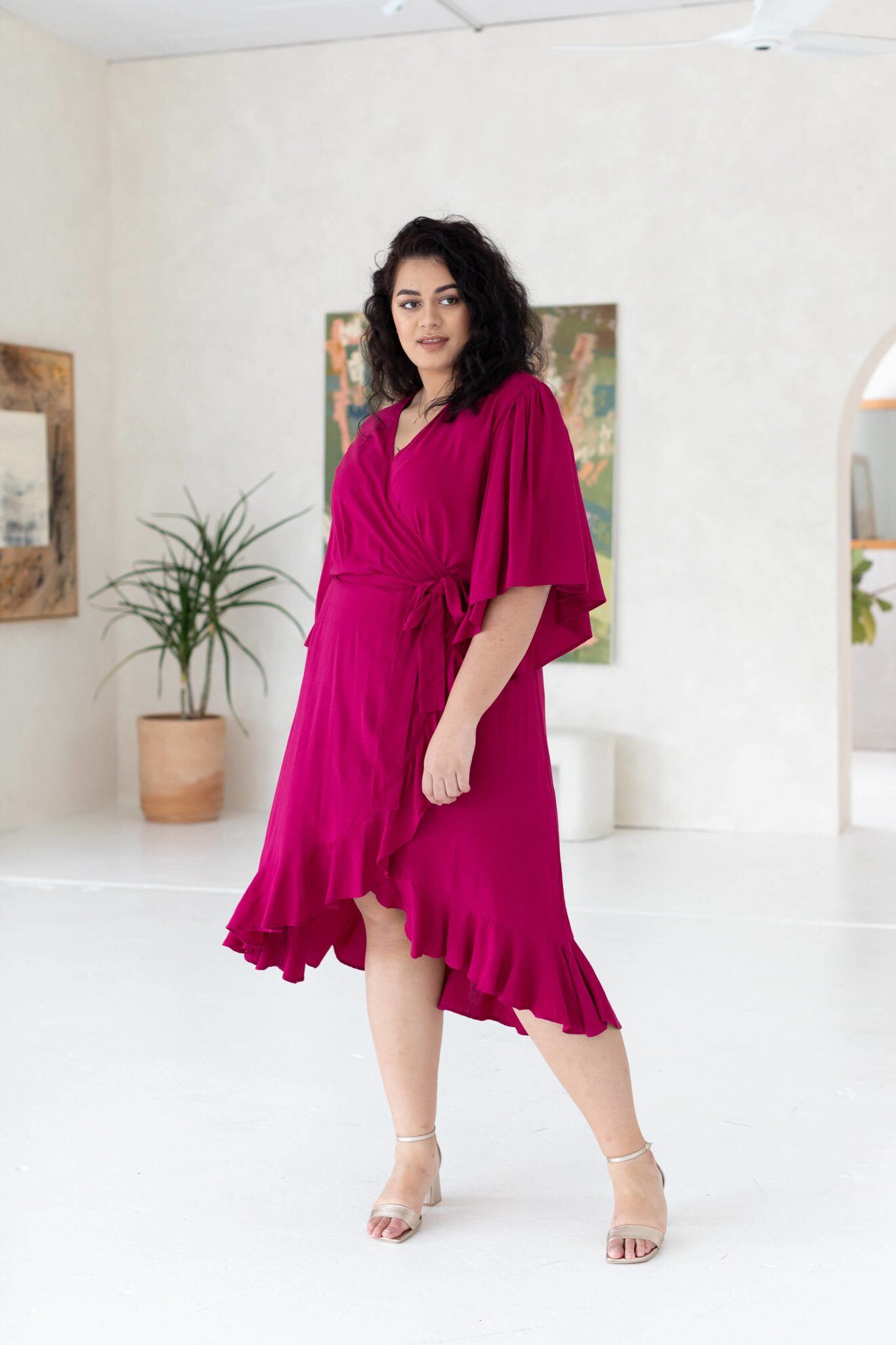 Gabrielle Short Sleeve Wrap Dress, French Plum / Magenta, alternate image number 4