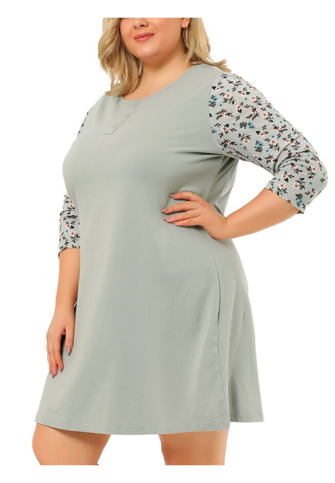 Floral 3/4 Sleeve Sleepwear Nightgown, Grey / Light Grey, alternate image number null