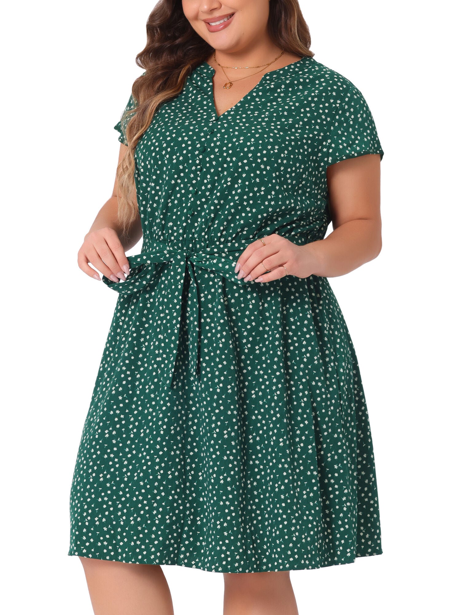 V Neck Belted Summer Floral Dress, Dark Green / Forest Green, alternate image number 1