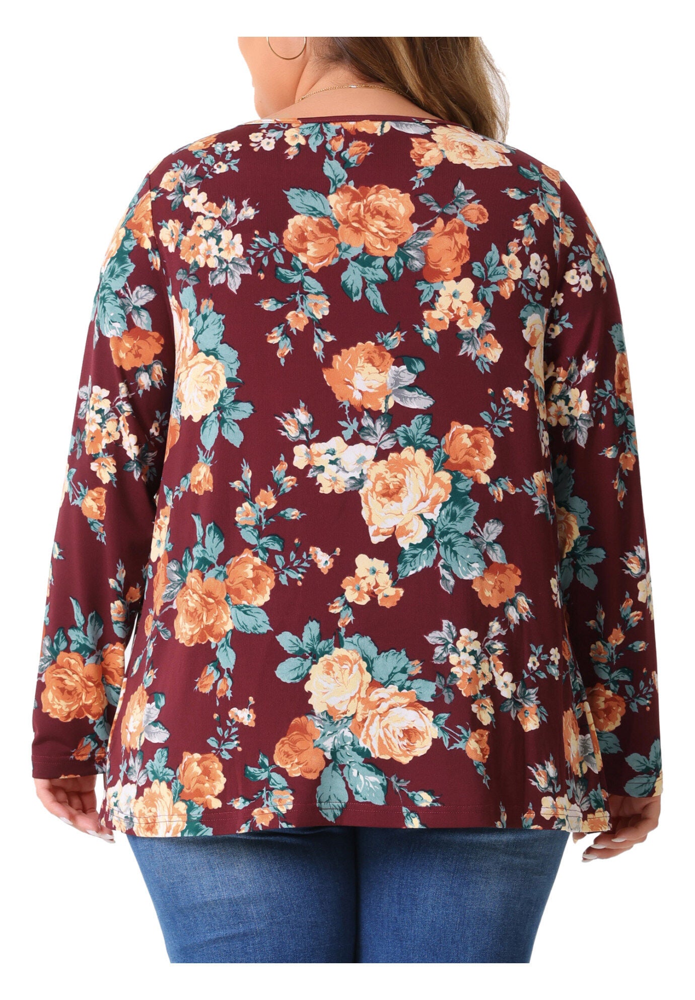 Long Sleeve Tunic Pleated Crew Neck Blouse, Burgundy / Red, alternate image number 3