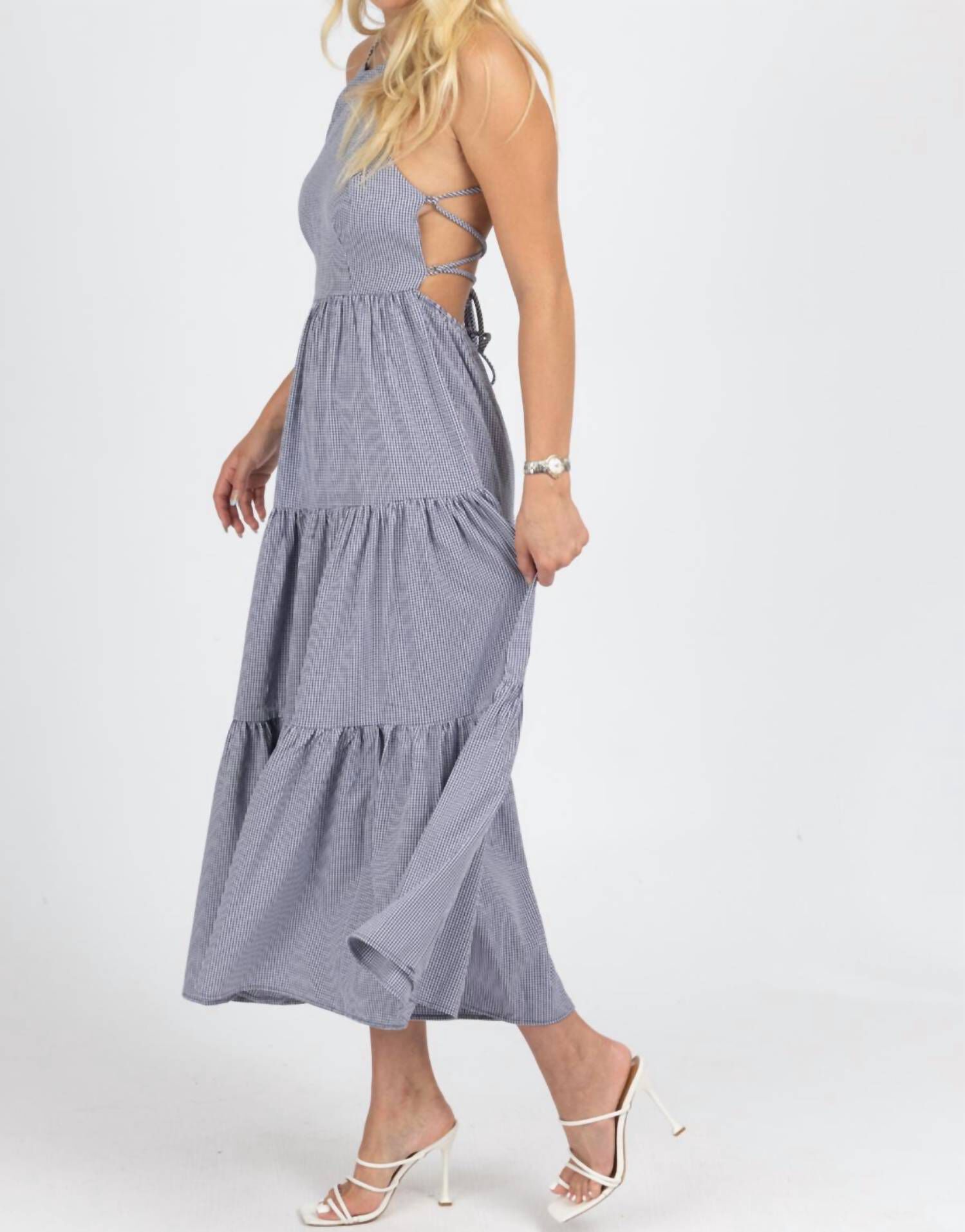 GINGHAM TIERED OPEN BACK MAXI DRESS IN NAVY, , alternate image number 9