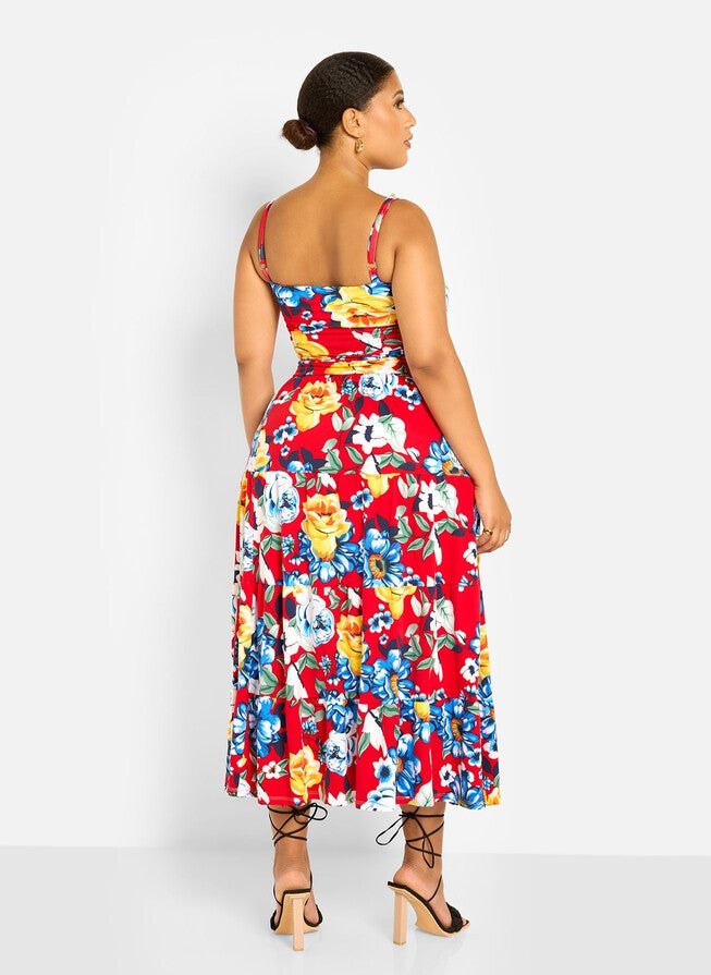 ANALISE FLORAL PRINT SKATER MAXI SKIRT, Red / Red, alternate image number null